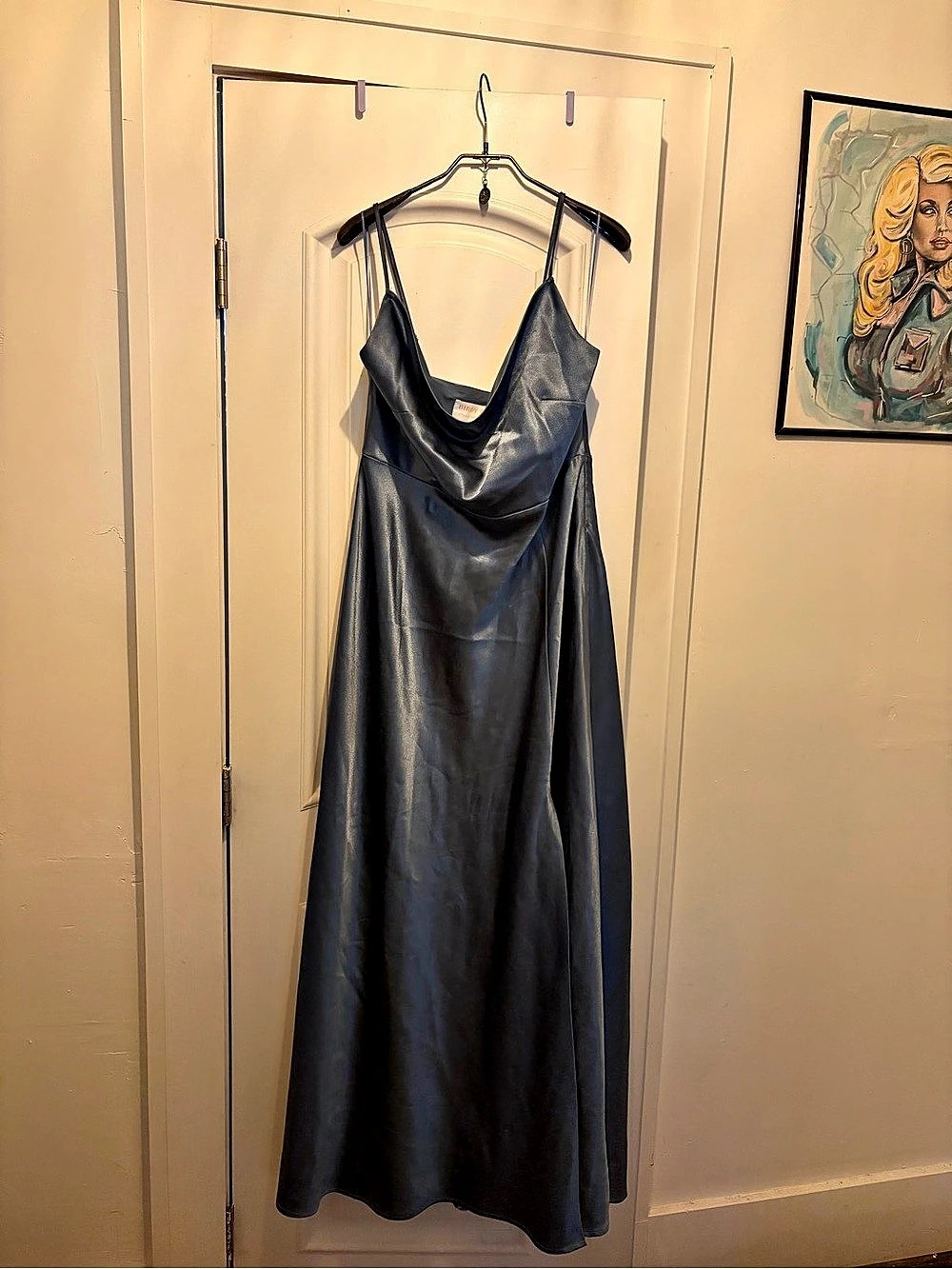 Birdy Grey Lisa Long Shiny Satin Dress Maxi in Slate Blue size L